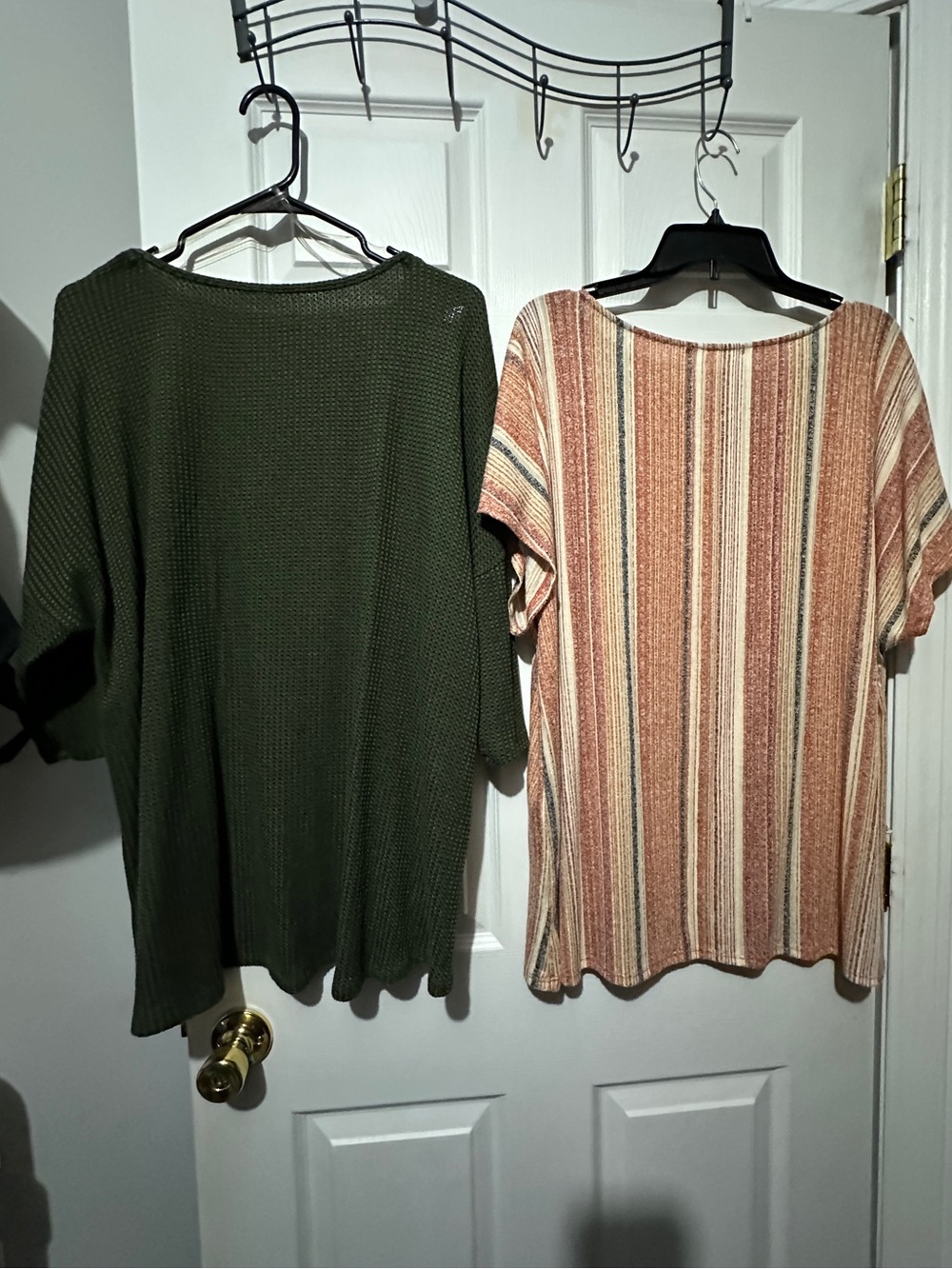 2 Lightweight Casual Tops, burnt orange stripe, and waffle fabric Olive Green